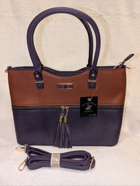 Beverly Hills Polo Club Cognac & Purple Faux Leather 2-Tone Purse NEW W/ TAG